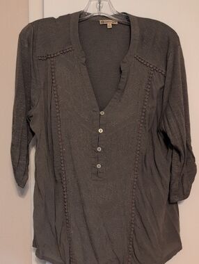 Democracy Olive Green Button Henley Tunic with Crochet Trim